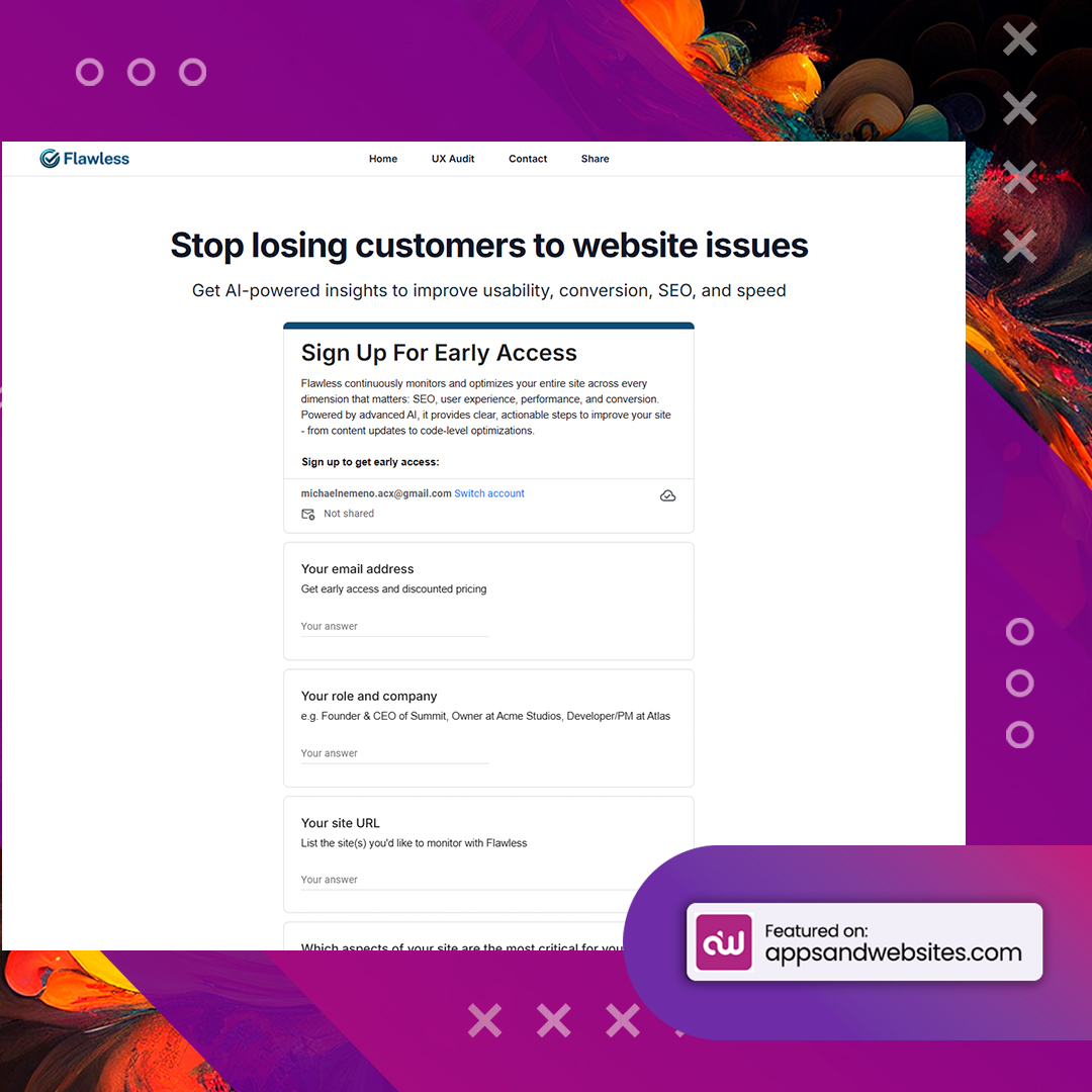 AppsandWebsites's tweet image. Enhance your landing page effortlessly with Flawless!

Get actionable tips for better usability and conversions. Elevate your online presence effortlessly!

#UXAudit 
#ConversionOptimisation 🌐📈

Check out our directory for more awesome AI Tools:
appsandwebsites.com/directory/ai-t…