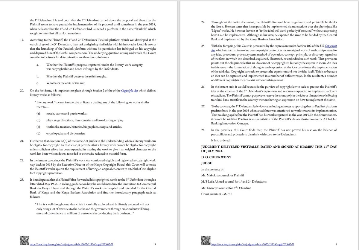 Someone sued the Kenya Bankers Association, CBK &amp; IPS, demanding KES 1 billion, claiming Pesalink was his banking innovation.

The High Court ruled that ideas cannot be copyrighted, only their expression, and dismissed the case with costs.