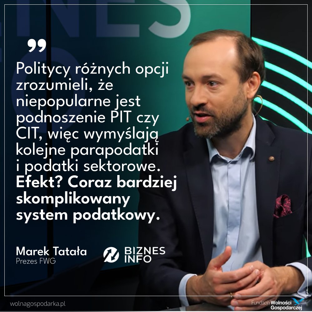 Fundacja Wolności Gospodarczej (@wolnagospodarka) on Twitter photo ⚠️ Polskę czeka rosnący fiskalizm. Podatek cukrowy, opłata handlowa, teraz smartfonowa i cyfrowa – każdy sektor dostaje swoją daninę.
<a href="/MarekTatala/">Marek Tatała</a> skrytykował pomysły nowych danin w rozmowie z <a href="/rektwapniak/">Maciej Wapiński 💪💰🇵🇱</a> w <a href="/BiznesinfoPL/">Biznes Info 🇵🇱</a>.
Dowiedz się, w czym problem➡️ wolnagospodarka.pl/tatala-o-nowyc… ⚠️ Polskę czeka rosnący fiskalizm. Podatek cukrowy, opłata handlowa, teraz smartfonowa i cyfrowa – każdy sektor dostaje swoją daninę.
<a href="/MarekTatala/">Marek Tatała</a> skrytykował pomysły nowych danin w rozmowie z <a href="/rektwapniak/">Maciej Wapiński 💪💰🇵🇱</a> w <a href="/BiznesinfoPL/">Biznes Info 🇵🇱</a>.
Dowiedz się, w czym problem➡️ wolnagospodarka.pl/tatala-o-nowyc…