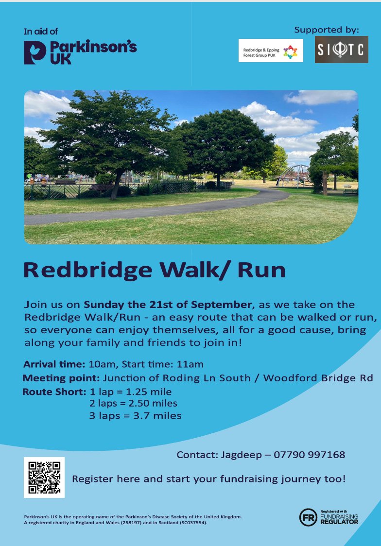Jagdeep (@dopaminewarrior) on Twitter photo 🏃♂️🚶♀️ Join the Redbridge Walk/Run!
📅 Sunday 21 Sept | 🕙 Arrive 10am, Start 11am
👟 Walk or run 1–3 laps (1.25–3.7 miles)
💙 In aid of <a href="/ParkinsonsUK/">Parkinson's UK</a>
🎯 Fun, family-friendly & for a great cause!
🔗 Register: RedbridgeWalkRun.eventbrite.com
💸 Fundraise: justgiving.com/team/redbridge… 🏃♂️🚶♀️ Join the Redbridge Walk/Run!
📅 Sunday 21 Sept | 🕙 Arrive 10am, Start 11am
👟 Walk or run 1–3 laps (1.25–3.7 miles)
💙 In aid of <a href="/ParkinsonsUK/">Parkinson's UK</a>
🎯 Fun, family-friendly & for a great cause!
🔗 Register: RedbridgeWalkRun.eventbrite.com
💸 Fundraise: justgiving.com/team/redbridge…
