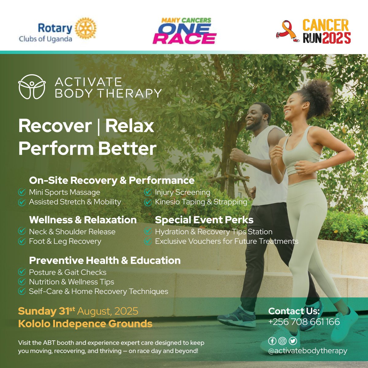 BodyActivate's tweet image. Runners,  We got you!  
Catch ABT Clinic at the #CancerRun2025 

💆 Free Sports Massages
🦵 Recovery &amp;amp; Injury Screening
💧 Hydration + Nutrition Tips

Stop by our booth &amp;amp; recover like a pro! 

#RotaryCancerRun #RunForACause #ABTClinic
