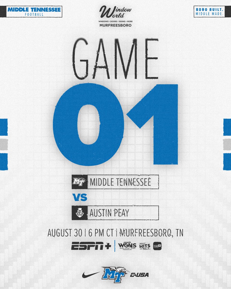 First up: ⚪️ #FillFloyd White Out ⚪️

🏈 vs. Austin Peay
🗓️ Saturday at 6 PM CT
📺 ESPN+
🎟️ GoBlueRaiders.co/Tickets

#BoroBuiltMiddleMade