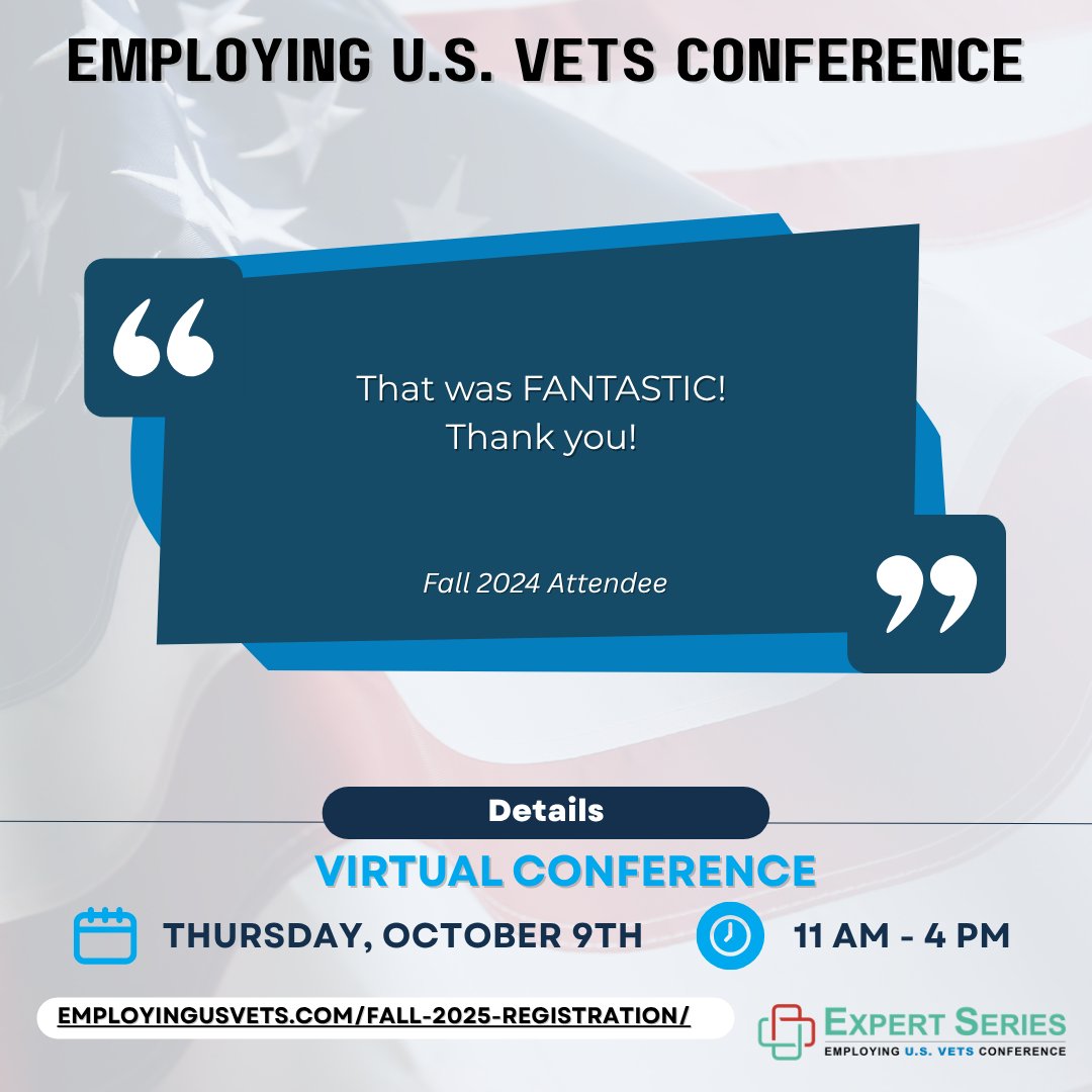 VETSIndexes's tweet image. Don’t miss it—800+ leaders are already signed up!
💻 Employing U.S. Vets VIRTUAL Conference | Oct 9, 2025 | 11a-4p
🎙️ Insight. Action. Impact.

Register FREE: employingusvets.com/fall-2025-regi…
#VeteranHiring #EmployingUSVets #HireAVeteran #MilitaryTalent