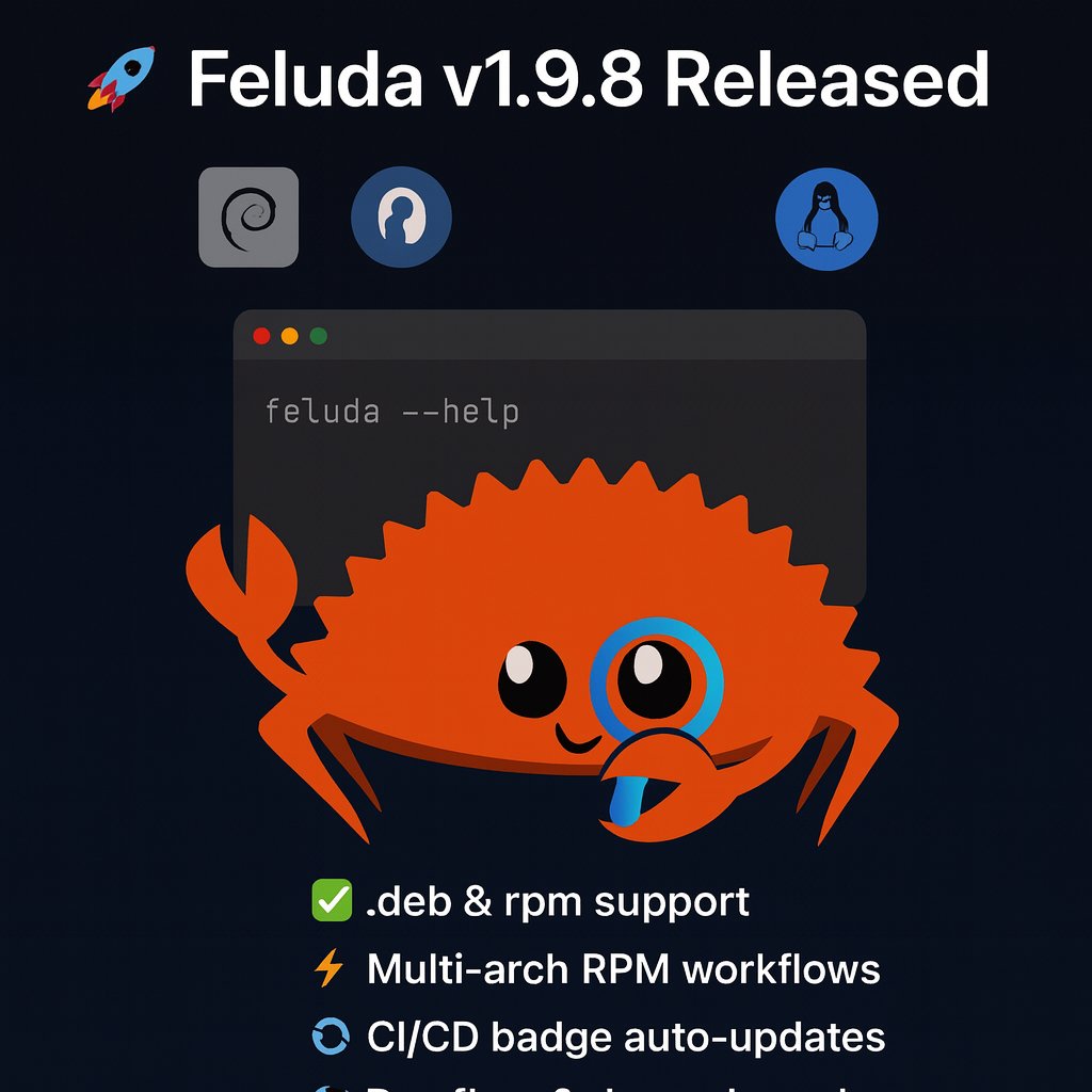 🚀 Just dropped: 

#Feluda v1.9.8 is live!

New:
– .deb package support (Debian/Ubuntu)
– RPM generation workflows &amp; multi-arch support
– CI improvements: badge auto-updates, compatibility matrix

Big thanks to the community! 🎉

cc: <a href="/kranirudha/">Kumar Anirudha</a>