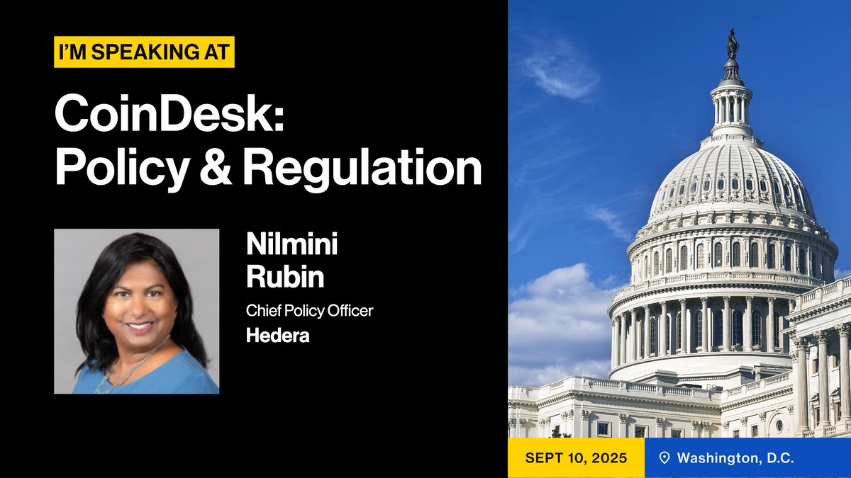 Hedera (@hedera) on Twitter photo We are proud to have Chief Policy Officer <a href="/nilminirubin/">Nilmini Rubin</a> represent Hedera and speak at the upcoming #CDPolicyRegulation event by <a href="/CoinDesk/">CoinDesk</a> on Sept. 10.
🎤 ‘Real-world Asset Tokenization and Regulatory Adaptation’ roundtable alongside <a href="/GoldmanSachs/">Goldman Sachs</a> & <a href="/LCVentures/">LibertyCityVentures</a> We are proud to have Chief Policy Officer <a href="/nilminirubin/">Nilmini Rubin</a> represent Hedera and speak at the upcoming #CDPolicyRegulation event by <a href="/CoinDesk/">CoinDesk</a> on Sept. 10.
🎤 ‘Real-world Asset Tokenization and Regulatory Adaptation’ roundtable alongside <a href="/GoldmanSachs/">Goldman Sachs</a> & <a href="/LCVentures/">LibertyCityVentures</a>