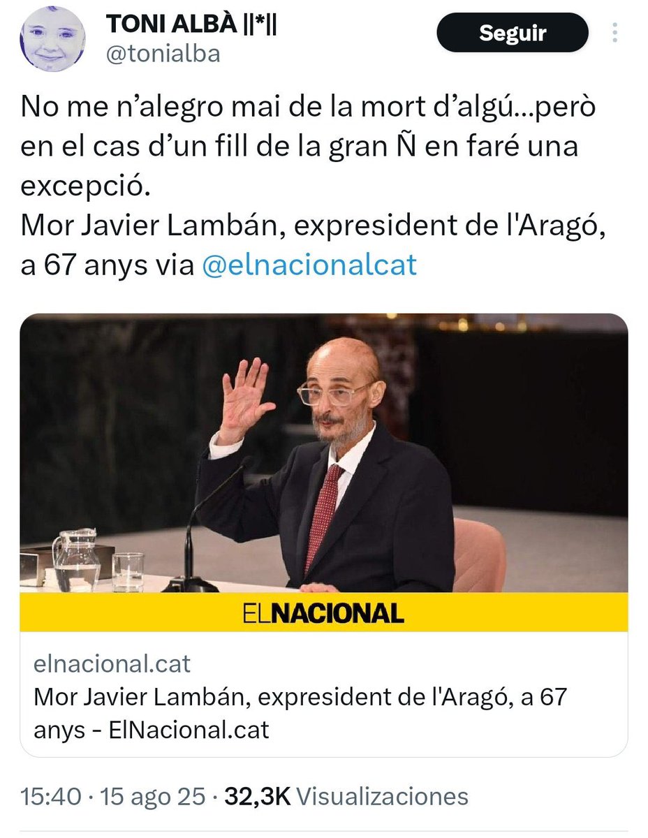 Con el hijo de la gran puta de <a href="/tonialba/">TONI ALBÀ ||*||</a> si que habría que hacer una excepción, y colgarlo desnudo en medio de la Plaza del Pilar, mientras agoniza, y los zaragozanos le apedreamos y celebramos.
Hágase <a href="/GobAragon/">Gobierno de Aragón</a>.