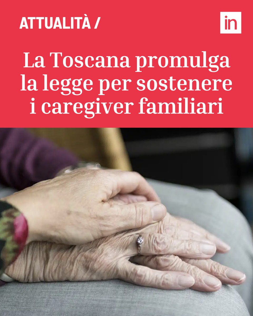 La Toscana promulga la legge per sostenere i caregiver familiari. La legge punta a supportare la figura della persona che si prende cura di un familiare o di un convivente non autosufficiente, stanziando 175mila euro all’anno fino al 2027 bit.ly/Caregiverfamil…