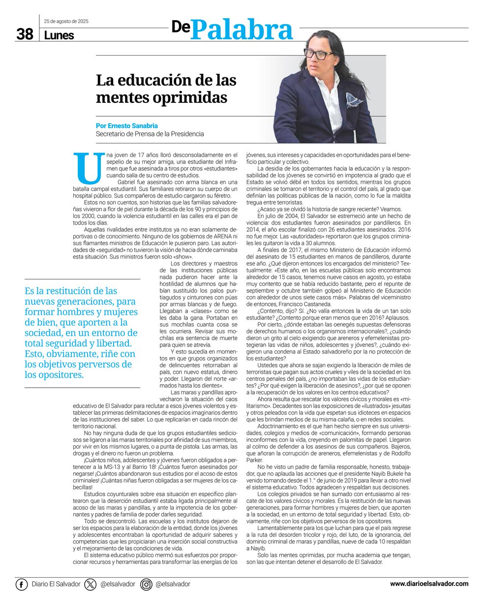 #OpiniónEnDiarioElSalvador | El secretario de Prensa, <a href="/NetoSanabria/">Neto Sanabria</a>, retoma en su columna en <a href="/elsalvador/">Diario El Salvador</a>, la situación caótica del sistema educativo en la década de los 90, en la que grupos estudiantiles sediciosos se ligaron a las maras territoriales. “Los directores y maestros