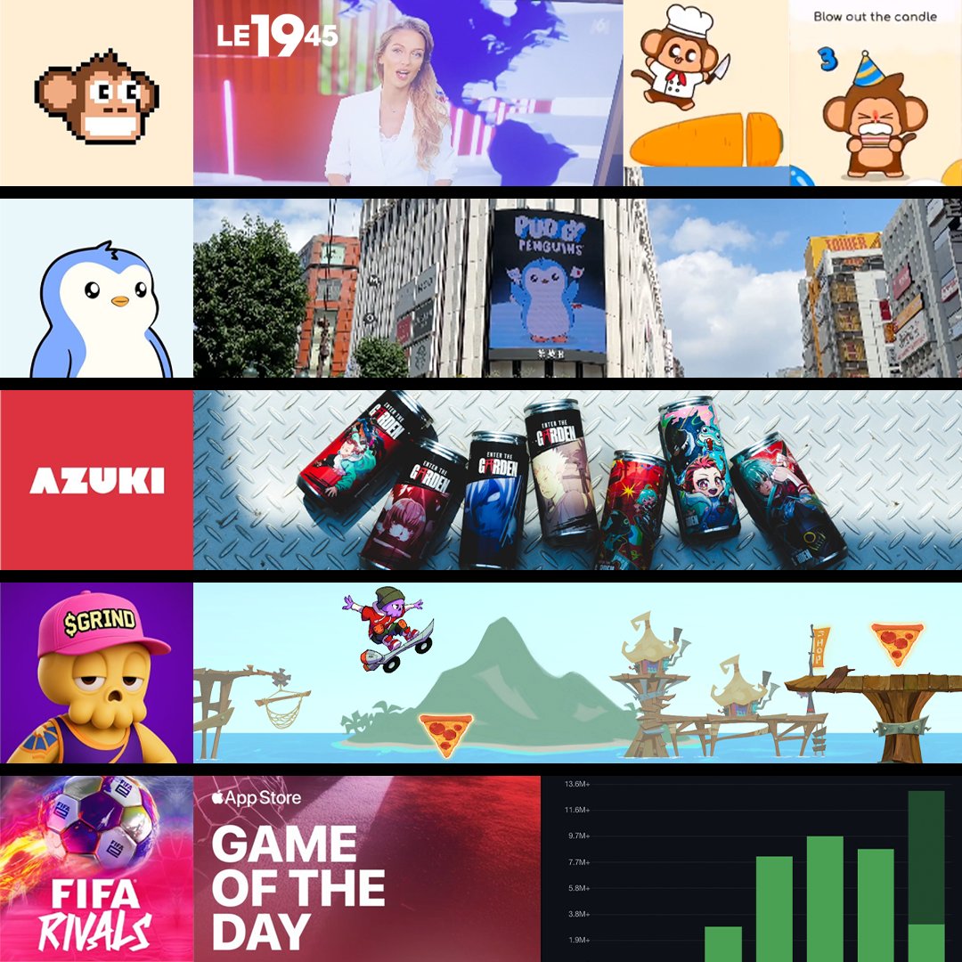 NFT news update:

➡️ Chimpers
- TikToks featured on French TV channel M6
- In „Le1945“ News program (with 2.2M average viewers)

➡️ Pudgy Penguins
- Taking over Shibuya / Japan
- Featured 6 days on all 7 LED screens in the city

➡️ Azuki
- Teamed up with Japanese brand Cheerio
-