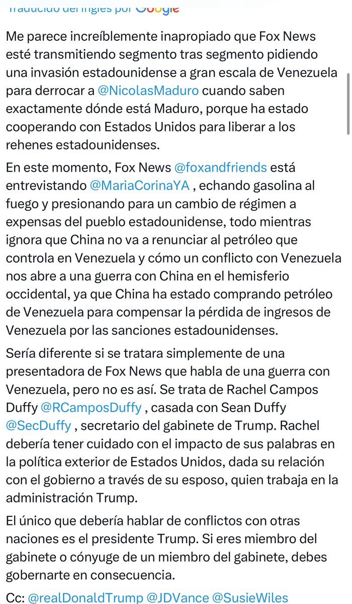 Ustedes saben por qué <a href="/MariaCorinaYA/">María Corina Machado</a> se la pasa pidiendo diariamente intervención en Fox news? La presentadora del programa donde le echan leña al fuego, es la esposa del jefe de Gabinete de Trump. Lo dice <a href="/LauraLoomer/">Laura Loomer</a>