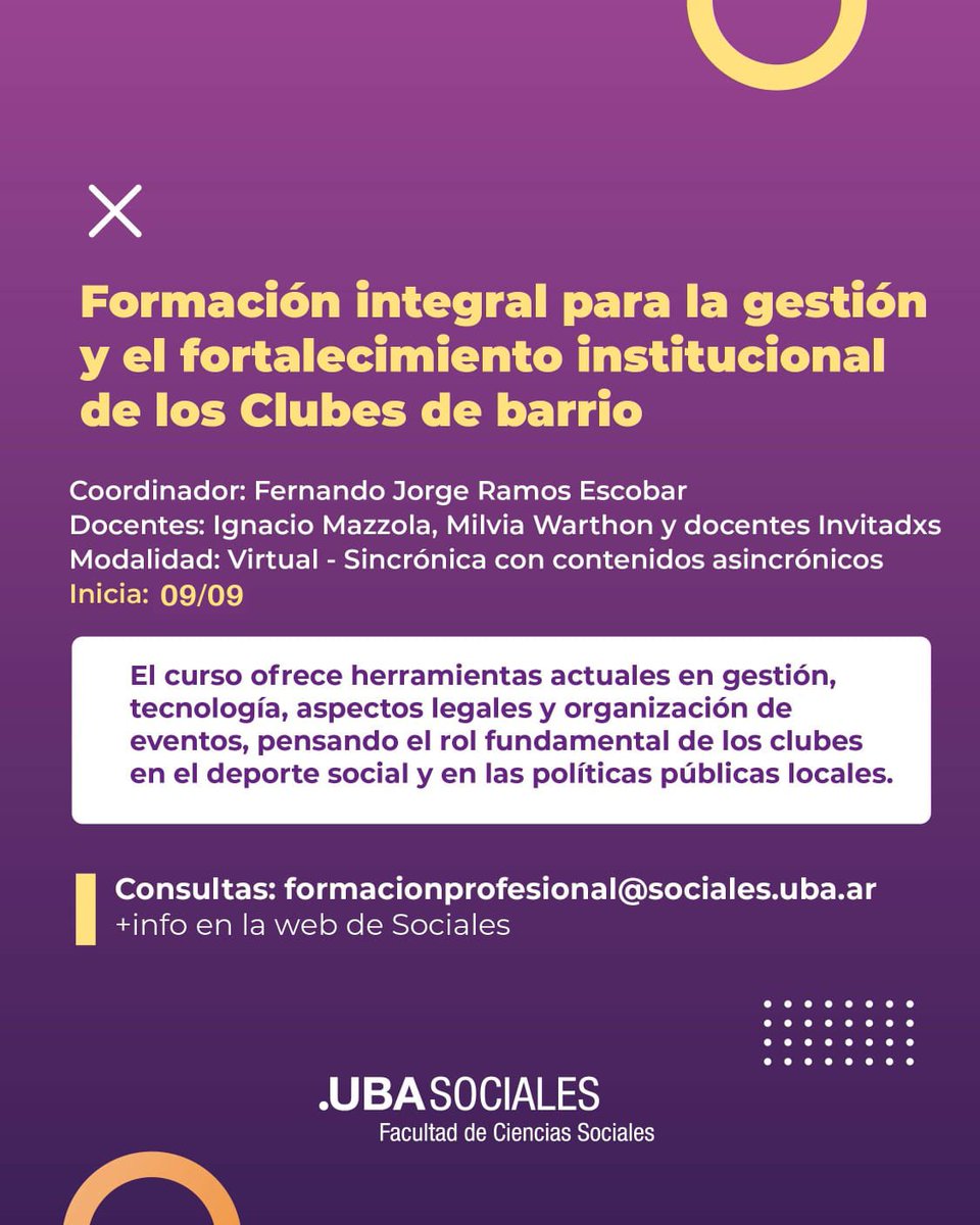 Curso para Clubes de barrio

<a href="/tacticadeporte/">Táctica - Laboratorio del deporte argentino</a> <a href="/ubasociales/">UBA Sociales | #FSOC #UBA</a> 

🖥️ Modalidad virtual (clases en vivo y materiales grabados)
🗓️ Martes de 18:30 a 21:00
📅 Del 09/09 al 11/11

✍🏽 Inscripción: sociales.uba.ar/inscripcion-cfp