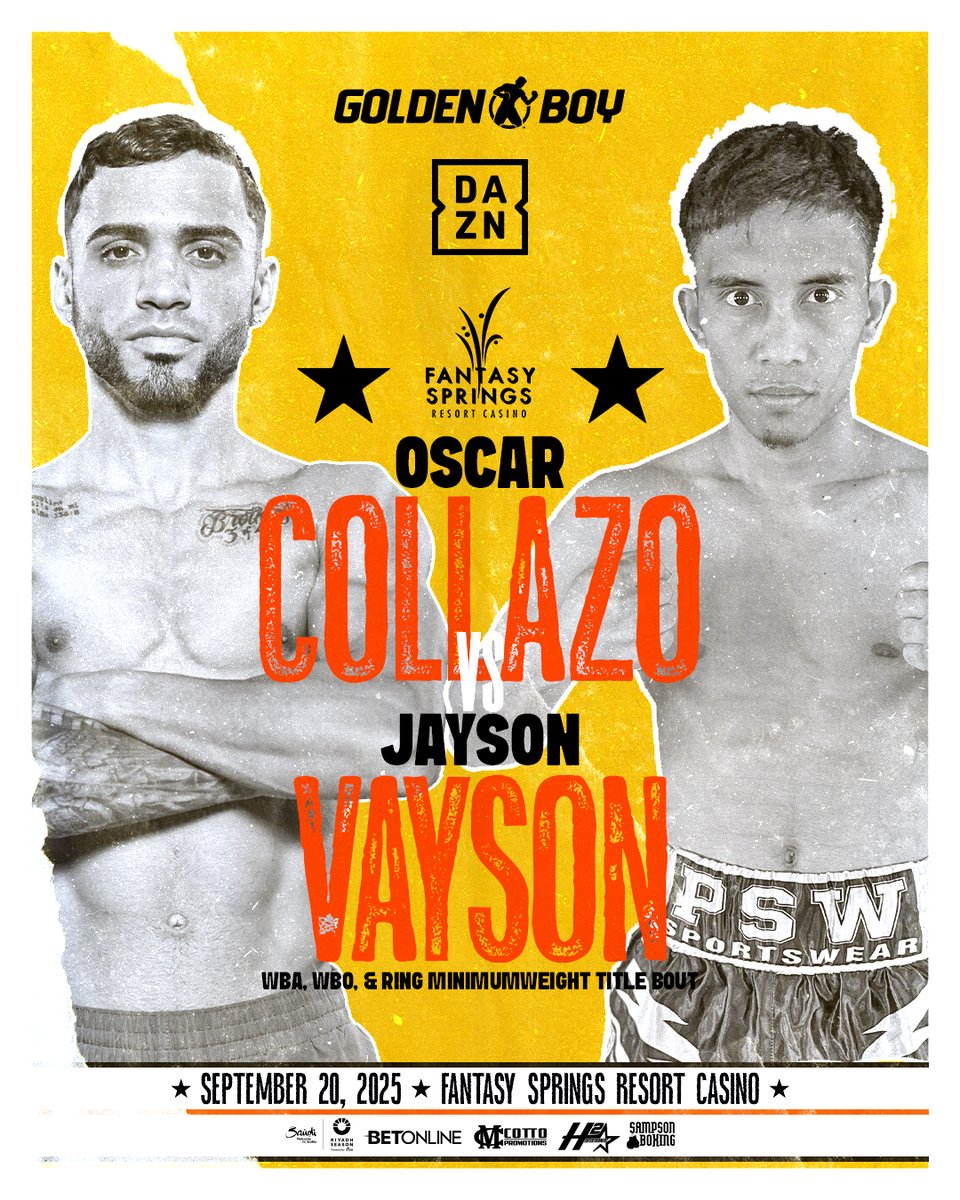 Golden Boy (@goldenboyboxing) on Twitter photo π΅π· The pride of Puerto Rico returns to the ring πππ©πππ¦πππ« ππππ‘ in a headlining event at Fantasy Springs Resort in Indio, CA. π»ππππππ ππ ππππ πππ.
#CollazoVayson | #FundoraGranadino
LIVE on DAZN | Sept. 20
π: bit.ly/3UVsfSe π΅π· The pride of Puerto Rico returns to the ring πππ©πππ¦πππ« ππππ‘ in a headlining event at Fantasy Springs Resort in Indio, CA. π»ππππππ ππ ππππ πππ.
#CollazoVayson | #FundoraGranadino
LIVE on DAZN | Sept. 20
π: bit.ly/3UVsfSe