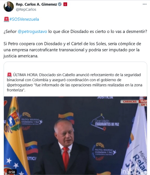 ÚltimaHoraCaracol (@ultimahoracr) on Twitter photo #MUNDO| El representante republicano, Carlos Gimenez, advirtió que si el presidente Gustavo Petro (<a href="/petrogustavo/">Gustavo Petro</a>) coopera con Venezuela, en línea con un reforzamiento militar en la frontera bilateral, estaría siendo “cómplice de una empresa narcotraficante transnacional y podría #MUNDO| El representante republicano, Carlos Gimenez, advirtió que si el presidente Gustavo Petro (<a href="/petrogustavo/">Gustavo Petro</a>) coopera con Venezuela, en línea con un reforzamiento militar en la frontera bilateral, estaría siendo “cómplice de una empresa narcotraficante transnacional y podría