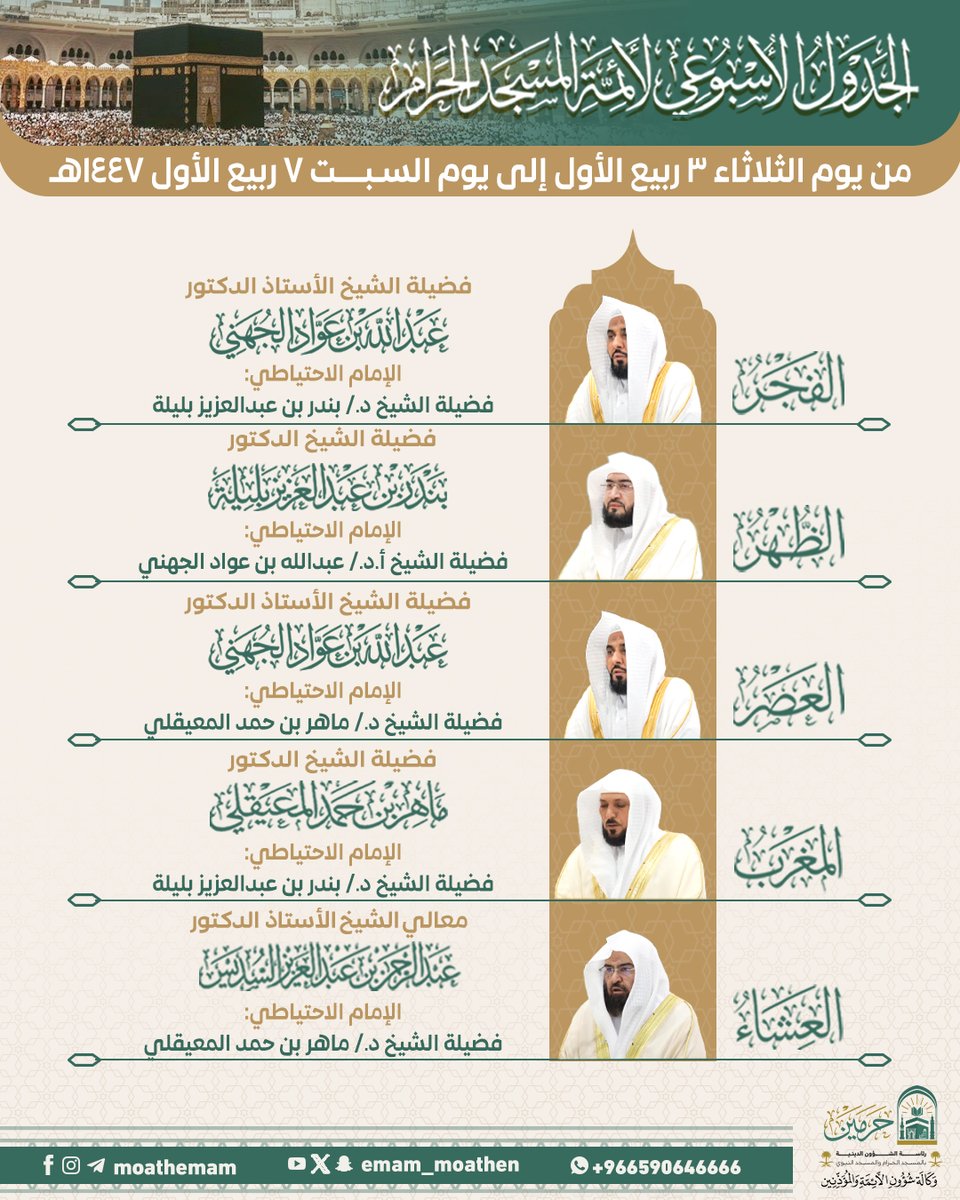 الجدول الأسبوعي لأئمة المسجد الحرام من يوم الثلاثاء ٣ ربيع الأول إلى يوم السبت ٧ ربيع الأول ١٤٤٧هـ.
    
#عبدالرحمن_السديس 
#ماهر_المعيقلي
#بندر_بليلة
#عبدالله_الجهني 
#إدارة_شؤون_الأئمة
#وكالة_شؤون_الأئمةوالمؤذنين