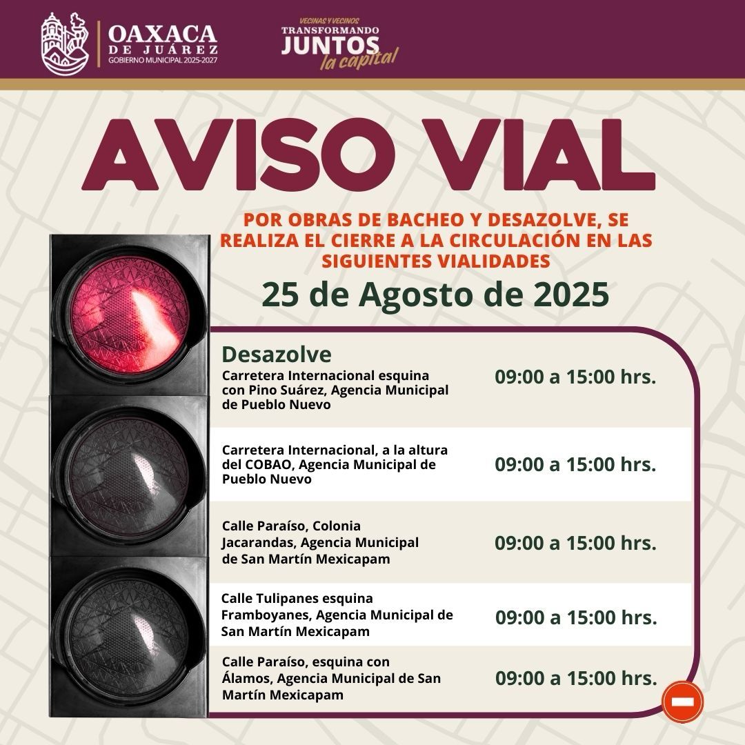 🚧 Aviso Vial 🚧

Les recomendamos tomar precauciones, salir con anticipación y atender las indicaciones del personal en territorio.

#VecinasYVecinos
#TransformandoJuntosLaCapital
#OaxacaDeJuárez