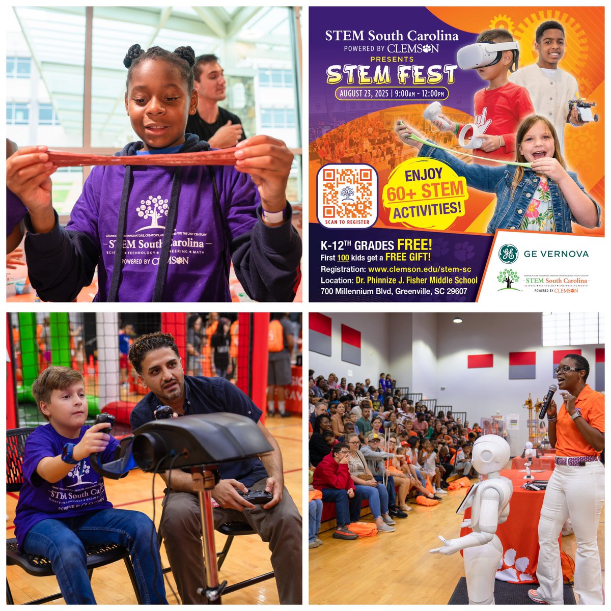 stem_action's tweet photo. ✨ 884 participants, including K-12th graders, their families &amp; 94 mentors engaged in Greenville, SC, at #STEMFest 🚀 Presented by STEM South Carolina powered by @ClemsonUniv, sponsored by @GEVernova, kids enjoyed 60+ hands-on STEM stations executed by @stem_action! #STEMForAll https://t.co/QmshA3nk64
