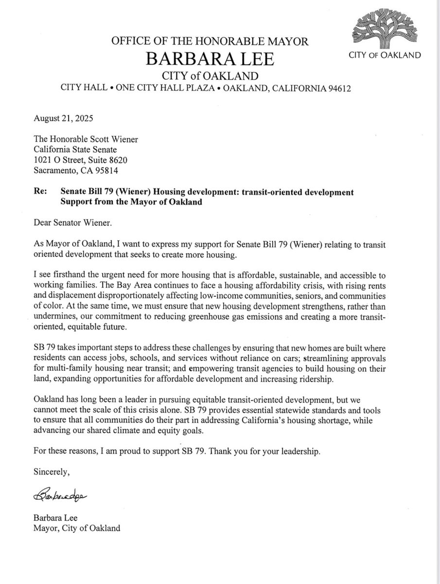 Growing support for our bill to allow more homes near train, subway &amp; rapid bus stops.

Thank you Mayor <a href="/BarbaraLee_CA/">Barbara Lee</a> for endorsing SB 79. Mayors grapple with the economic &amp; human fallout of our housing shortage. Let’s make housing more abundant &amp; strengthen our transit systems.