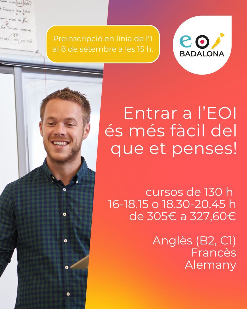 Ets docent? Estudiar a l'EOI té avantatges: 
- compta com a formació contínua
- dona punts
- si aproves, pots demanar el retorn de taxes
👉Dilluns 1 de setembre a les 12.00 h comença la preinscripció!
✅Més informació: agora-eoi.xtec.cat/eoibadalona/ma…