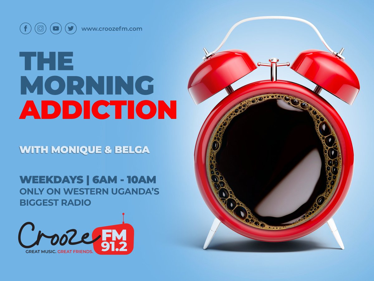 91.2 Crooze FM (@912croozefm) on Twitter photo We made it to Tuesday ba guys🥰. So let's make most of it on The Morning Addiction with <a href="/MomoCrooze/">Monique 🎙️😎</a> and <a href="/BelgaLive1997/">Belga Live</a> . Join us by sealing the hour with your favourite jams.
#MorningAddiction
#CroozeFM
#Mbarara We made it to Tuesday ba guys🥰. So let's make most of it on The Morning Addiction with <a href="/MomoCrooze/">Monique 🎙️😎</a> and <a href="/BelgaLive1997/">Belga Live</a> . Join us by sealing the hour with your favourite jams.
#MorningAddiction
#CroozeFM
#Mbarara