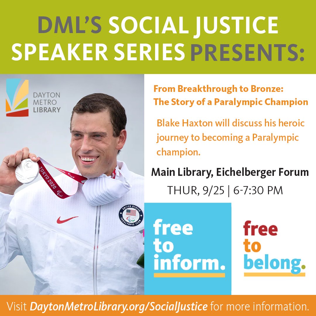 Mark your calendar for Thurs, Sept. 25 at 6 PM at the Main Library’s Eichelberger Forum! Join Paralympic champion Blake Haxton for an inspiring evening of resilience, courage, and determination as part of our #SocialJusticeSpeakerSeries.

For more info: ow.ly/KElN50WLyKC