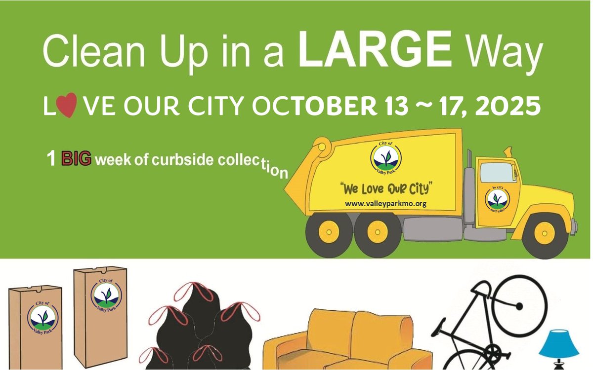 Big Clean-up will start Monday October 13th through 17th, 2025

The City of Valley Park Annual Big Clean-up will start Monday October 13th through 17th, 2025. The City of Valley Park provides a big trash pickup once a year at no additional charge.
valleyparkmo.org/home/news/big-…