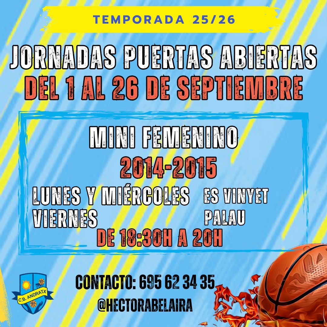 🚨 ¿Te mola el baloncesto? ¿Quieres mejorar, competir o simplemente pasarlo en grande con tus amigos? ¡Este es tu momento! 💪🔥

📣 El Club Baloncesto Andratx abre sus puertas para que vengas a probar. 🏀✨

Ven a conocernos, entrena con nosotros y descubre nuestro Club. 💙💛