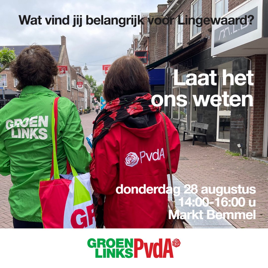 Wij staan donderdag 28 augustus op de Markt in Bemmel van 14.00 tot 16.00 uur. 
Wat vind jij belangrijk voor Lingewaard, wat leeft er in jouw wijk? 
Ben je niet in staat om langs te komen, mail al je suggesties en opmerkingen dan naar: meedoen@groenlinkspvdalingewaard.nl