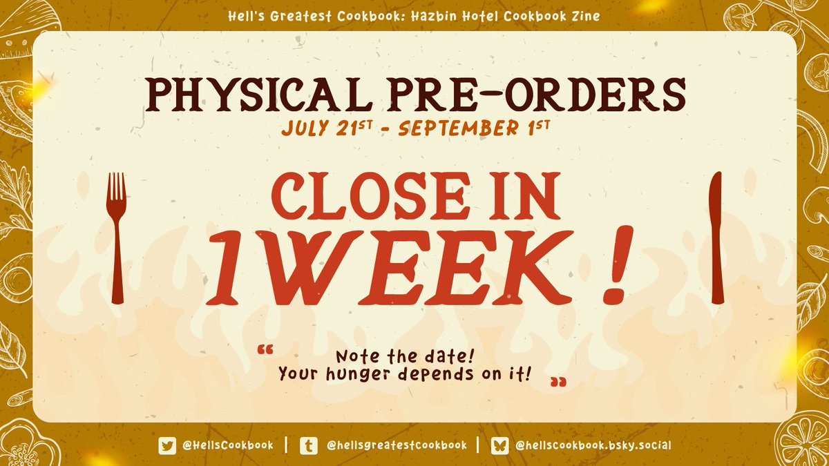 HellsCookbook's tweet image. 🍴 Looking for a treat after dessert? The bar is still open, so pull up a chair and get your drinks orders in fast! 🥂 

The kitchen closes in one week!

#HGCB #HellsGreatestCookbook #HazbinHotel #Fanzine
Pre-Orders Open! hellsgreatestcookbook.bigcartel.com