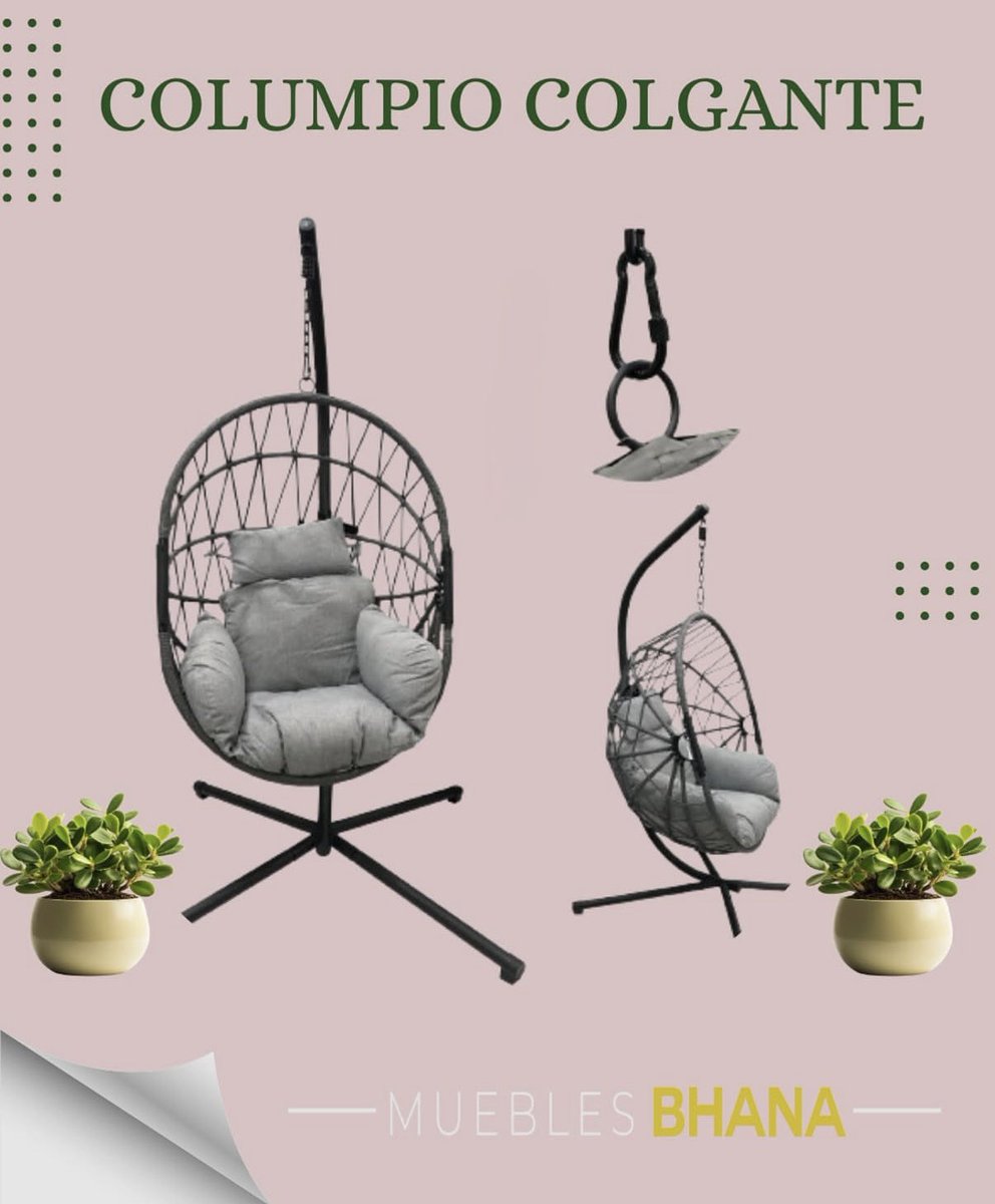 Dale un toque único a tu espacio con estilo y confort!
Relájate como nunca antes con nuestro Columpio Colgante.
Ideal para interiores o exteriores, con diseño moderno y cojines ultra cómodos.
Altura: 198 cm
Base resistente: 110 cm x 101 cm
Estructura de acero
#BhanaMejoresPrecios