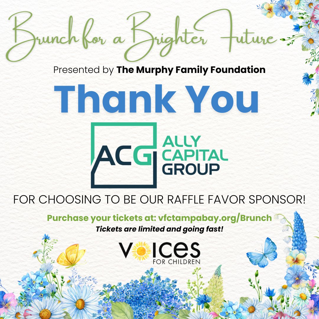Thank you Ally Capital Group for sponsoring our Brunch for a Brighter Future raffle! 💛 Help us celebrate brighter futures for foster kids—get your tickets today 🎟 vfctampabay.org/brunch
#BrunchForABrighterFuture #GiveBack #TampaBayEvents #InspireHope