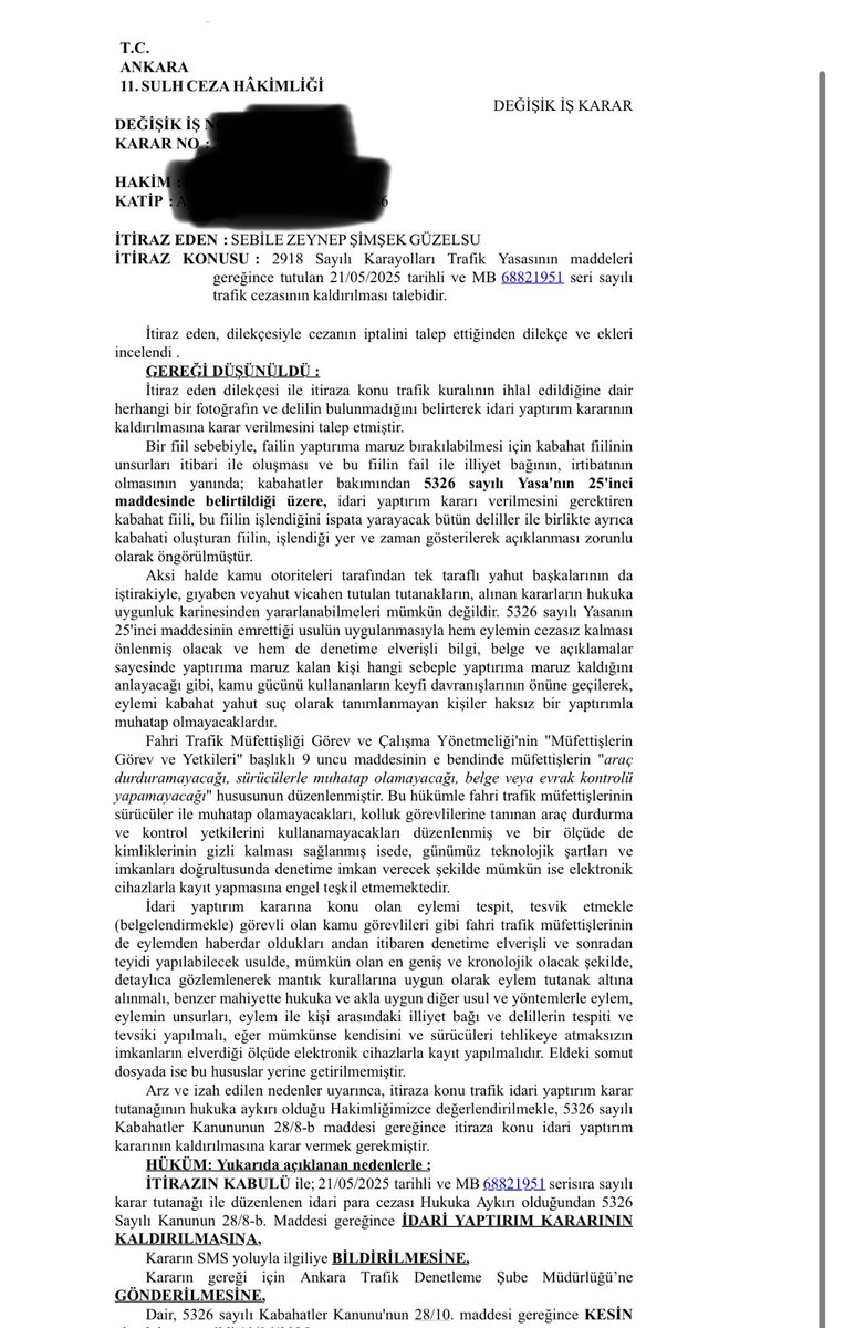 Fahri trafik müfettişi tarafından tanzim edilen trafik cezasının iptaline ilişkin karar örneği. Kendi adıma olan bir trafik cezasına itiraz edebilecek vakti bulup itiraz ettim.) Terzi kendi söküğünü dikti. ⚖️👩🏻‍⚖️
#fahritrafikmüfettişi #trafikcezası