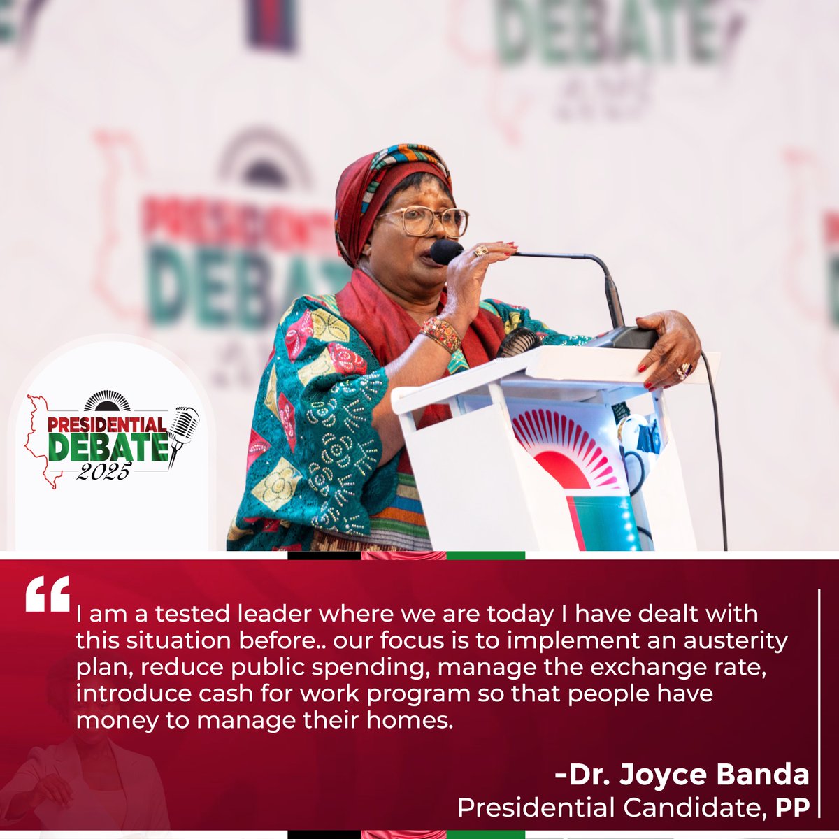 H.E. Dr. Joyce Banda (@drjoycebanda) on Twitter photo A few days ago, I took a break from the campaign trail & participated in a Presidential candidates debate. I shared my Party's vision & most importantly, our quick-fix plan to rescue the country from the economic crisis it is in. I am now back on the trail. More updates soon. A few days ago, I took a break from the campaign trail & participated in a Presidential candidates debate. I shared my Party's vision & most importantly, our quick-fix plan to rescue the country from the economic crisis it is in. I am now back on the trail. More updates soon.