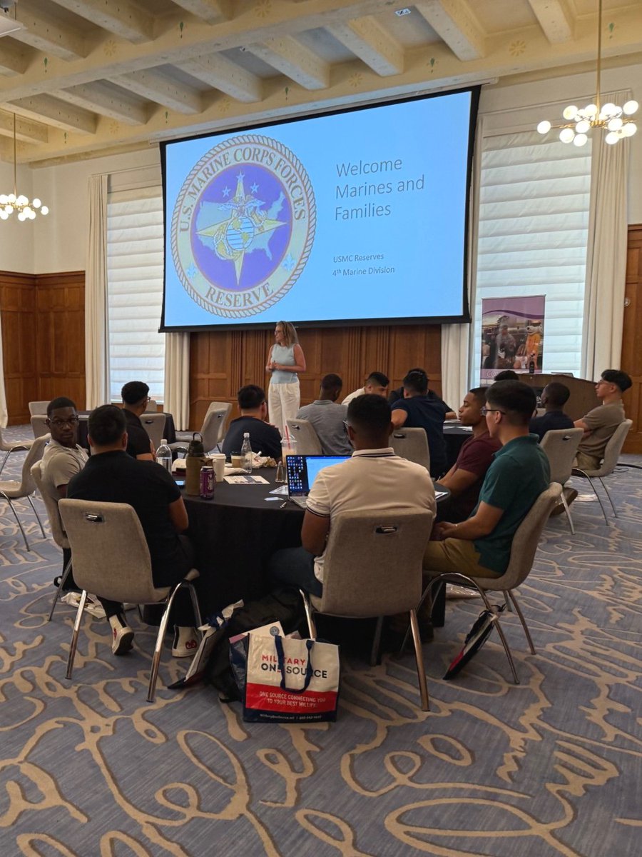On August 16, our Service to the Armed Forces team provided a "Get to Know Us" briefing &amp; resource table at a Yellow Ribbon event for U.S. Marine Corps Reservists. A salute to volunteers Ted Dimmit and Janet Moore, TB Chapter Board Member, who shared our mission services. 🫡