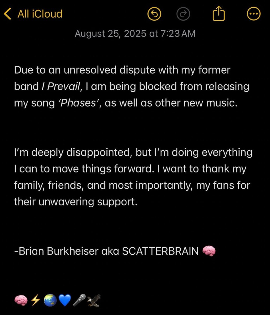 Mosh Nation (@mosh_nation) on Twitter photo 🚨 NEWS UPDATE 🚨
Brian Burkheiser (ex-I Prevail) revealed today, Aug 25, that an “unresolved dispute” has pushed back the debut of SCATTERBRAIN + his first single “Phases.” Months after parting ways, fans will have to wait a little longer.
👉 moshnation.net/home/f/burkhei… 🚨 NEWS UPDATE 🚨
Brian Burkheiser (ex-I Prevail) revealed today, Aug 25, that an “unresolved dispute” has pushed back the debut of SCATTERBRAIN + his first single “Phases.” Months after parting ways, fans will have to wait a little longer.
👉 moshnation.net/home/f/burkhei…