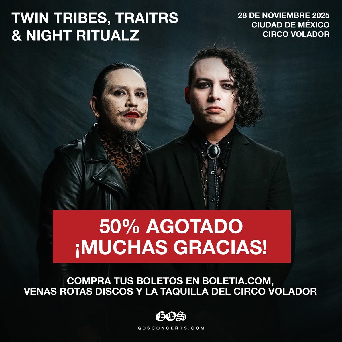 <a href="/twin_tribes/">Twin Tribes</a> regresa a México para presentarse el próximo 28 de Noviembre en el <a href="/circovolador/">Circo Volador</a> con <a href="/traitrs/">TRAITRS</a> y @nightritualz como invitados especiales. 

Ya se ha vendido más de la mitad de boletos, ¿Ya tienes los tuyos?
twin-tribes-en-cdmx.boletia.com