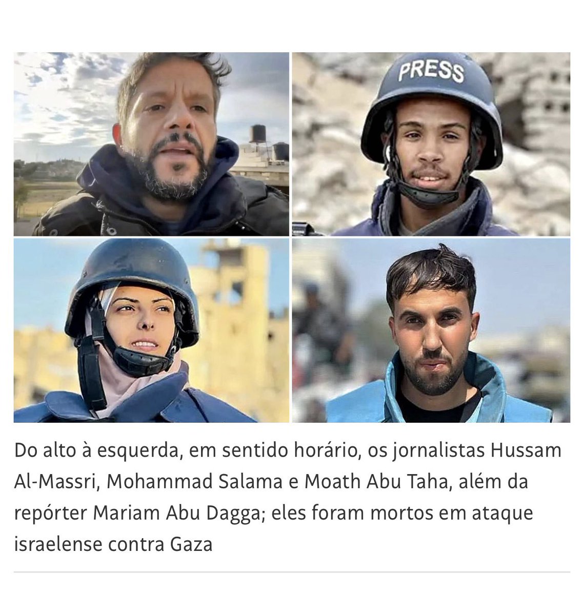 Mônica Bergamo (@monicabergamo) on Twitter photo Abaixo, mais QUATRO JORNALISTAS mortos por ISRAEL em Gaza, durante ataque a um HOSPITAL. Via <a href="/folha/">Folha de S.Paulo</a>: Abaixo, mais QUATRO JORNALISTAS mortos por ISRAEL em Gaza, durante ataque a um HOSPITAL. Via <a href="/folha/">Folha de S.Paulo</a>: