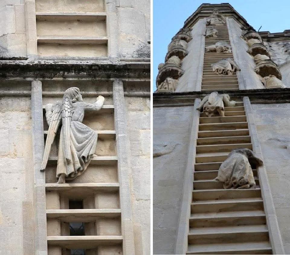 Angels climbing the stairway to Heaven on the West front of Bath Abbey in Somerset, England, circa 1521.