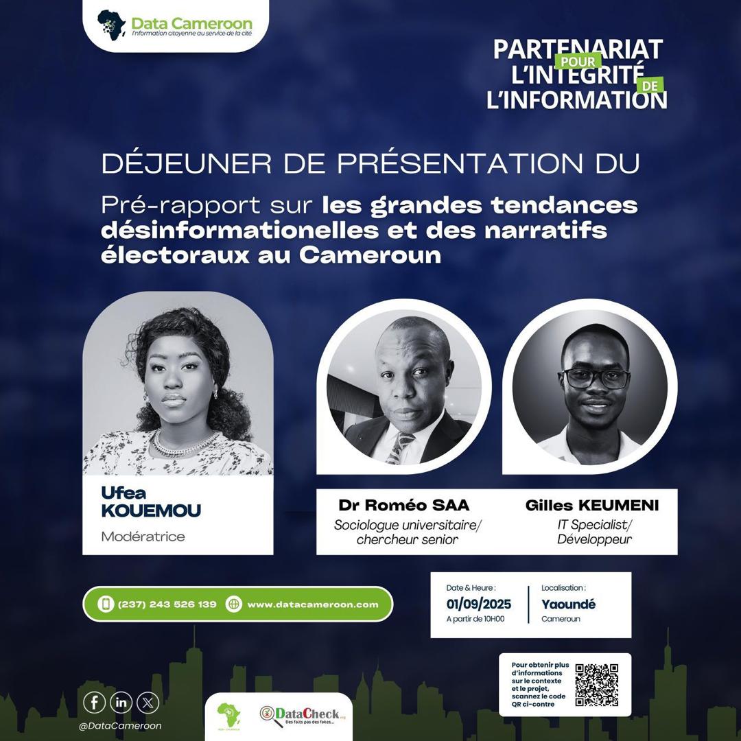 DÉJEUNER DE PRÉSENTATION DU Pré-rapport sur « les grandes tendances désinformationelles et les narratifs électoraux aux Cameroun » organisé par ADISI Cameroun et ses entités, Data-Cameroon et Data-check, par le Dr Roméo Saa Ngouana, Universitaire et Chercheur sénior CEIDES.