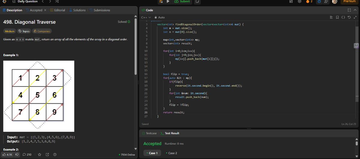 Uday246r's tweet image. Day 43
Solved LeetCode 498: Diagonal Traverse
Key idea:
👉 Group elements by i+j (diagonal index)
👉 Alternate reversing to maintain zig-zag order
👉 Build the result row by row
Learned efficient matrix traversal using diagonals!
#DailyCode #LeetCode #DSA