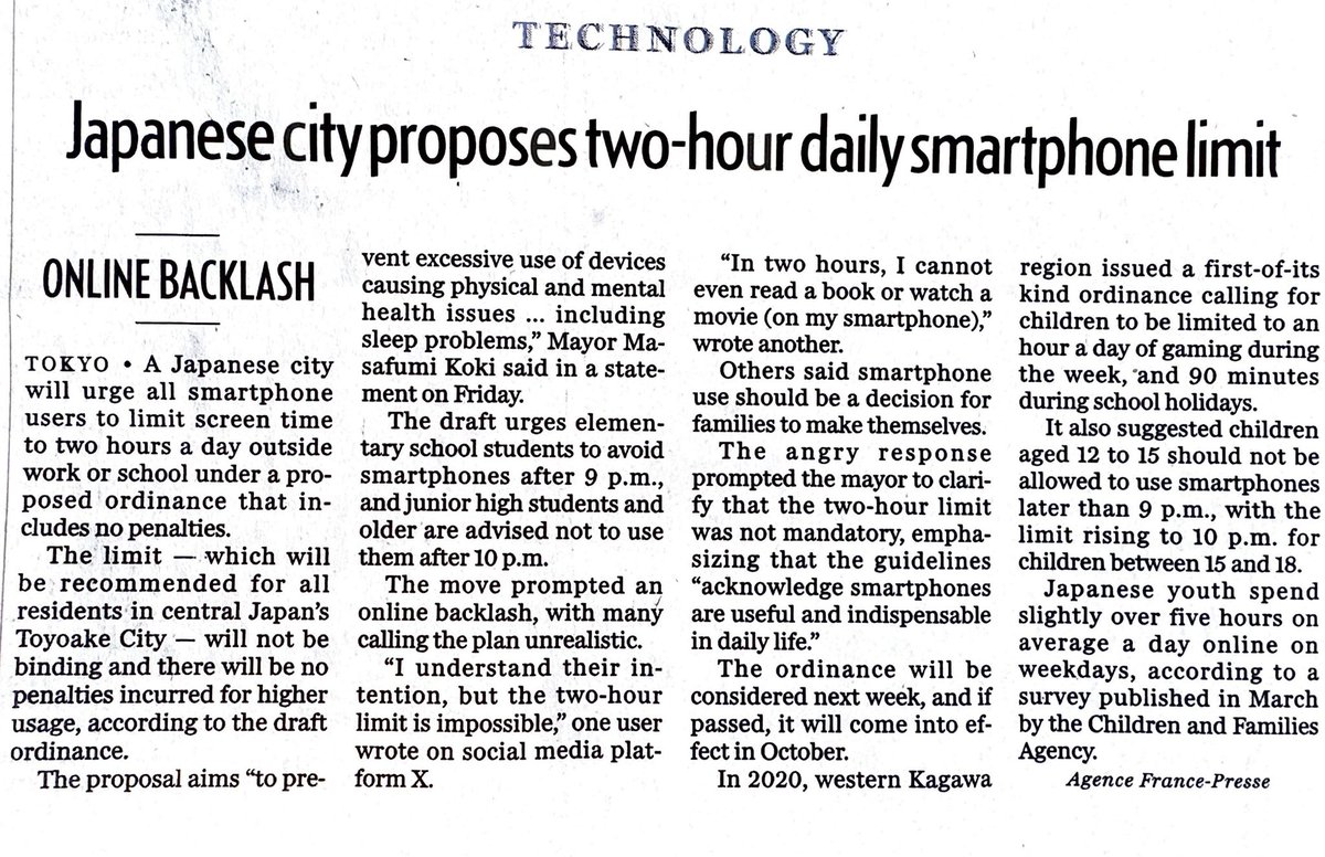 MrBlake8's tweet photo. "Children aged 12-15 should not be allowed to use smartphones later than 9PM" according to new Toyoake City 🇯🇵 bylaw. Thoughts?
Source: National Post Aug 23 https://t.co/exZPpJvB5w