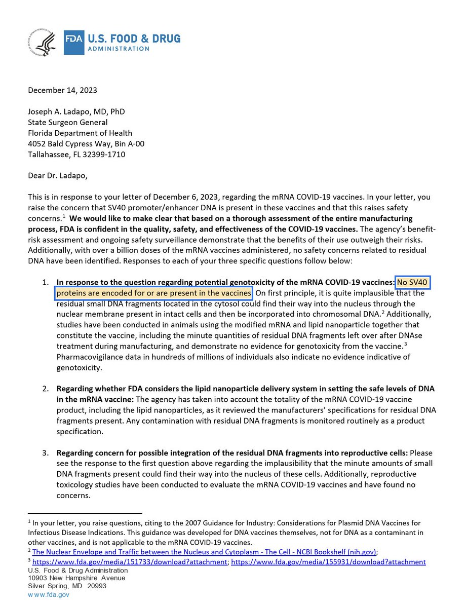 Kevin_McKernan's tweet image. Remember when Dr. Peter Marks fired this letter back to @FLSurgeonGen ?
We just found evidence that he lied. Perhaps not knowingly, but likely a result of parroting Pfizer talking points.