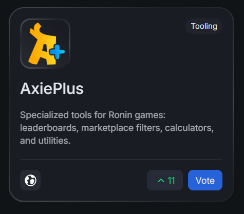 🚨Great news! 🚨

<a href="/AxiePlus/">AxiePlus</a> is now officially listed as a dApp within the <a href="/Ronin_Network/">Ronin</a> ecosystem.

If you’ve ever used any of the tools from <a href="/AxieInfinity/">Axie Infinity</a>, <a href="/ApeironNFT/">Apeiron</a>, <a href="/pixels_online/">Pixels</a>, <a href="/AngryDynomites/">Angry Dynomites Lab 🦖</a>, or <a href="/PlanetHorseGame/">Planet Horse</a>, I’d really appreciate your support with a simple