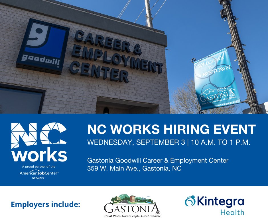 Goodwill Industries of the Southern Piedmont (@goodwillsp) on Twitter photo Looking for your next career move? Join us at the <a href="/ncworks/">NCWorks</a> Hiring Event in Gastonia!
Wed, Sept. 3 | 10 a.m. – 1 p.m.
Goodwill Career Center| 359 W Main Ave, Gastonia, NC 28052
✅ Walk-ins welcome
✅On-the-spot interviews
Employers Include: <a href="/KintegraHealth/">Kintegra Health</a> <a href="/CityofGastonia/">City of Gastonia</a> Looking for your next career move? Join us at the <a href="/ncworks/">NCWorks</a> Hiring Event in Gastonia!
Wed, Sept. 3 | 10 a.m. – 1 p.m.
Goodwill Career Center| 359 W Main Ave, Gastonia, NC 28052
✅ Walk-ins welcome
✅On-the-spot interviews
Employers Include: <a href="/KintegraHealth/">Kintegra Health</a> <a href="/CityofGastonia/">City of Gastonia</a>