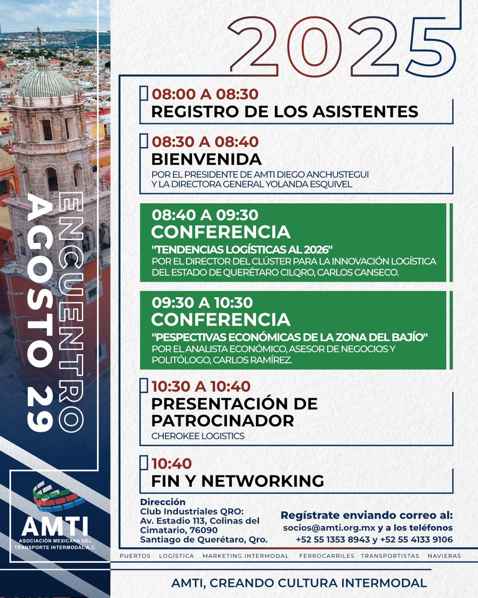 🚨 ¡Últimos días! Agenda lista &amp; Expertos confirmados ¿Ya apartaste el 29 de agosto?
¡Regístrate! 📧socios@amti.org.mx | 📞+52 55 1353 8943 &amp; +52 55 4133 9106 

#Encuentro #Intermodal #AMTI #networking #negocios