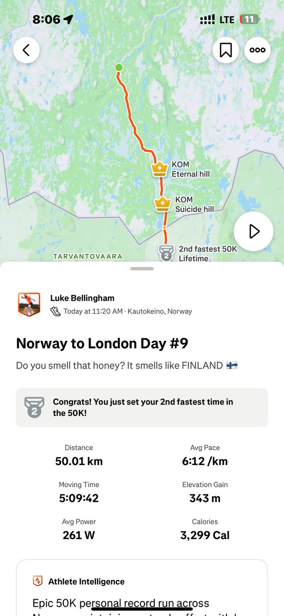 Norway to London Day #9
50.02km

Mission Get To The Border complete 🫡
Today has just been one extremely long road (literally) but with help from a lot of tailwind we’ve finally ticked off country 1 of 9. 
Time for a nice hot shower, some choccy milk and get ready to go again