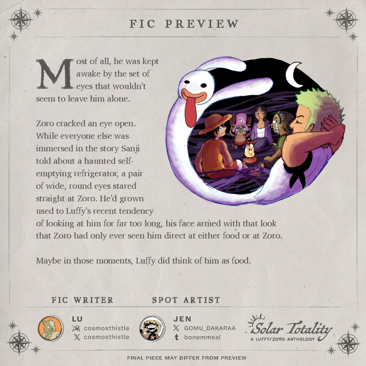 👒 『FIC PREVIEW』 ⚔️

Our third fic preview is by cosmosthistle, featuring spot art from GOMU_DAKARAA!