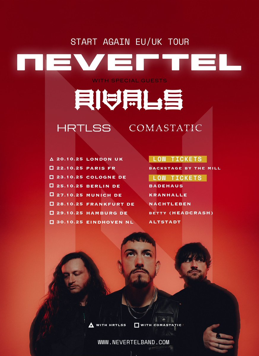 nevertelUS's tweet image. Have you heard? We’re headlining UK & EU for the first time with our friends in @WeAreRVLS, @hrtlssband, & @comastatic. Get your tickets now.
🎟️ nevertelband.com/tour