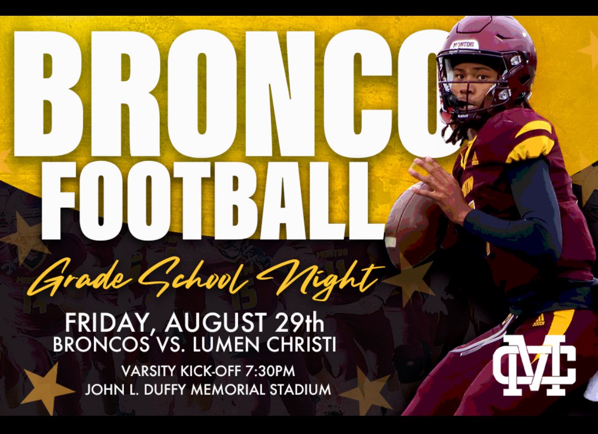 Join the SEVEN-TIME and DEFENDING State Champion Montini Football for our annual grade school night this Friday, August 29th. All grade school students receive FREE admission, a FREE Montini Catholic t-shirt, and a voucher for our concession stand! We hope you can join us!!!