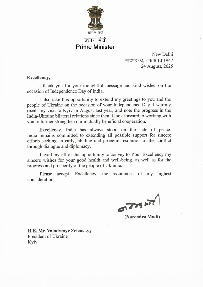 Volodymyr Zelenskyy / Володимир Зеленський (@zelenskyyua) on Twitter photo Thank you, Prime Minister <a href="/narendramodi/">Narendra Modi</a>, for the warm greetings on Ukraine’s Independence Day. We appreciate India’s dedication to peace and dialogue. Now, as the entire world strives to end this horrible war with dignity and lasting peace, we count on India’s contribution. Every Thank you, Prime Minister <a href="/narendramodi/">Narendra Modi</a>, for the warm greetings on Ukraine’s Independence Day. We appreciate India’s dedication to peace and dialogue. Now, as the entire world strives to end this horrible war with dignity and lasting peace, we count on India’s contribution. Every