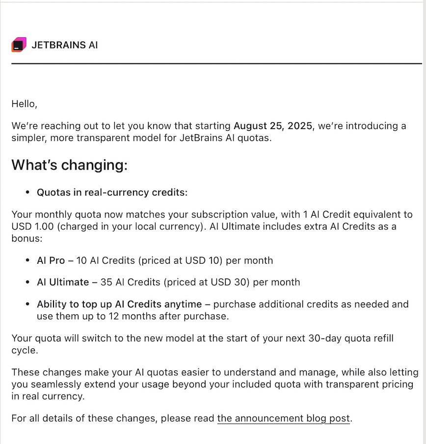Было забавно наблюдать что JB запустили своего AI агента Junie с флет ценой в месяц хотя понятно было что денег на этом сделать будет сложно

И это буквально за недели до того как Cursor поменял прайсинг на per token, и вот сегодня и JB обновили

Видел много твитов как у